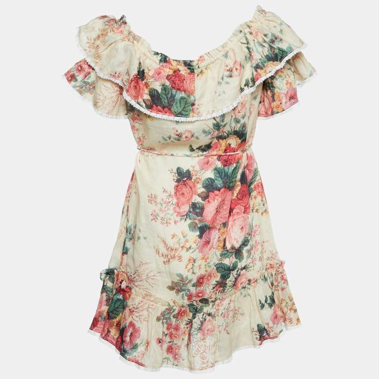Pre Owned Zimmermann Beige Floral Printed Off-Shoulder Mini Dress M