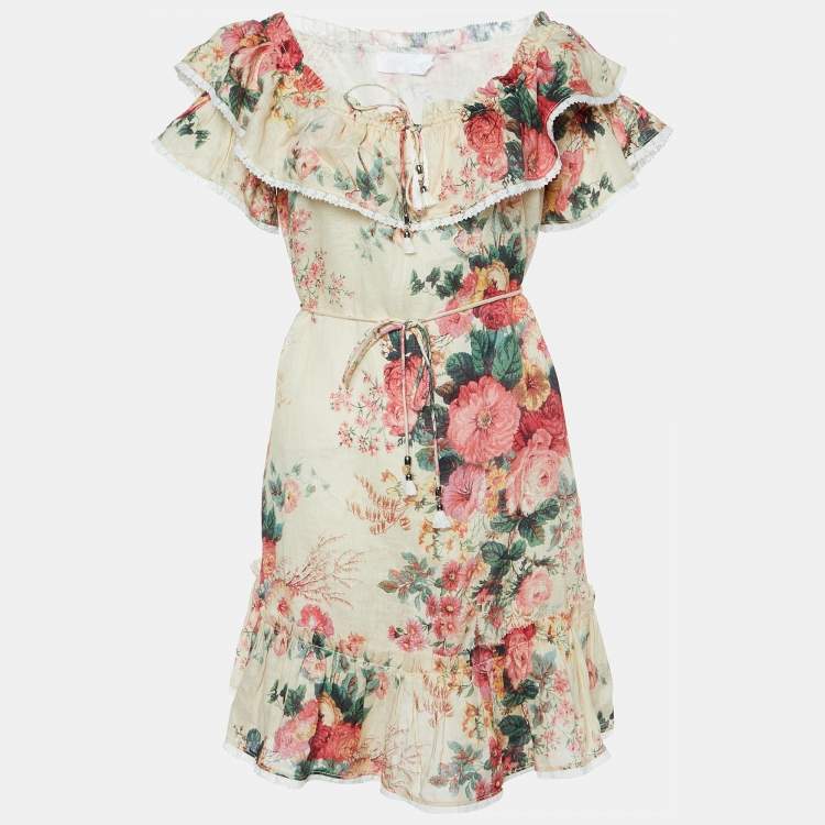 Pre Owned Zimmermann Beige Floral Printed Off-Shoulder Mini Dress M