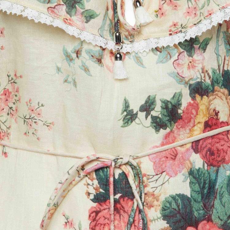 Pre Owned Zimmermann Beige Floral Printed Off-Shoulder Mini Dress M