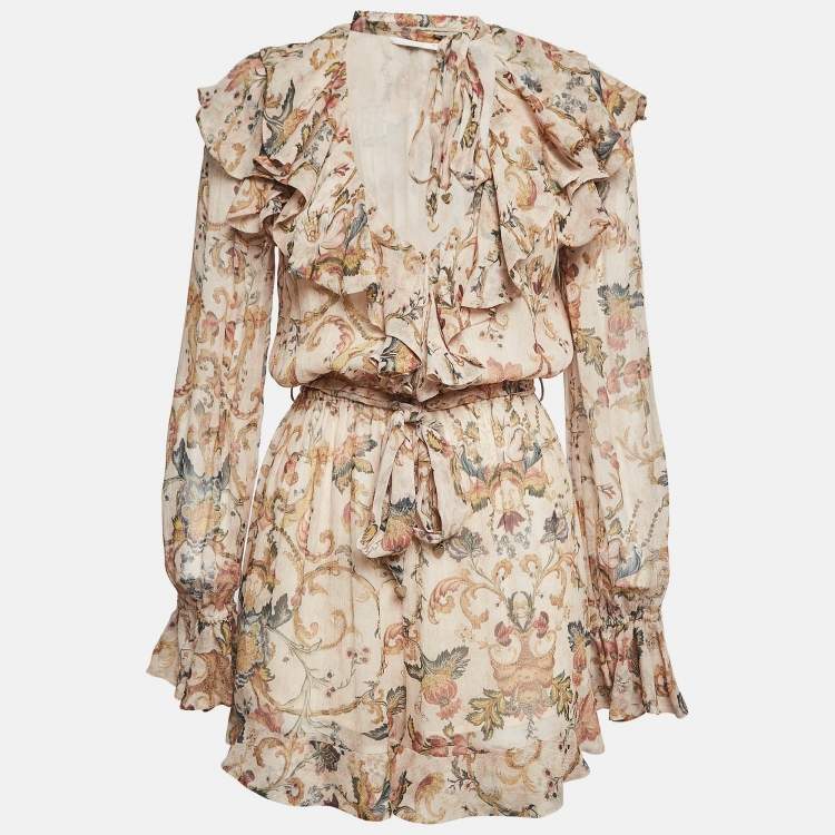 Pre Owned Zimmermann Beige Painted Heart Cascade Silk Playsuit M