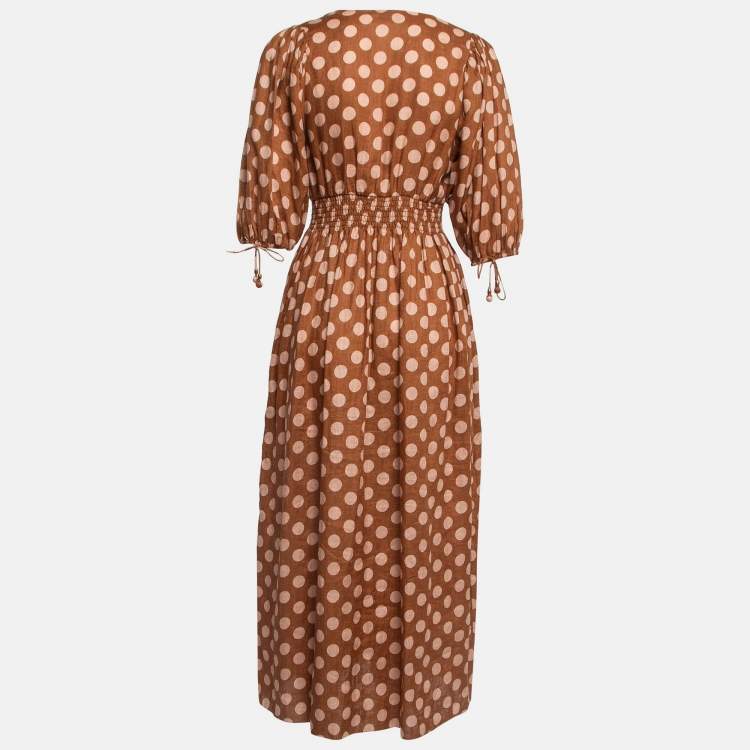 Pre Owned Zimmermann Brown Polka Dots Linen Primrose Shirred Midi Dress M