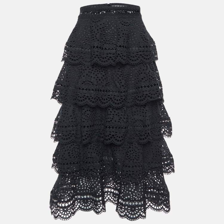 Pre Owned Zimmermann Black Lace Tiered Midi Skirt S
