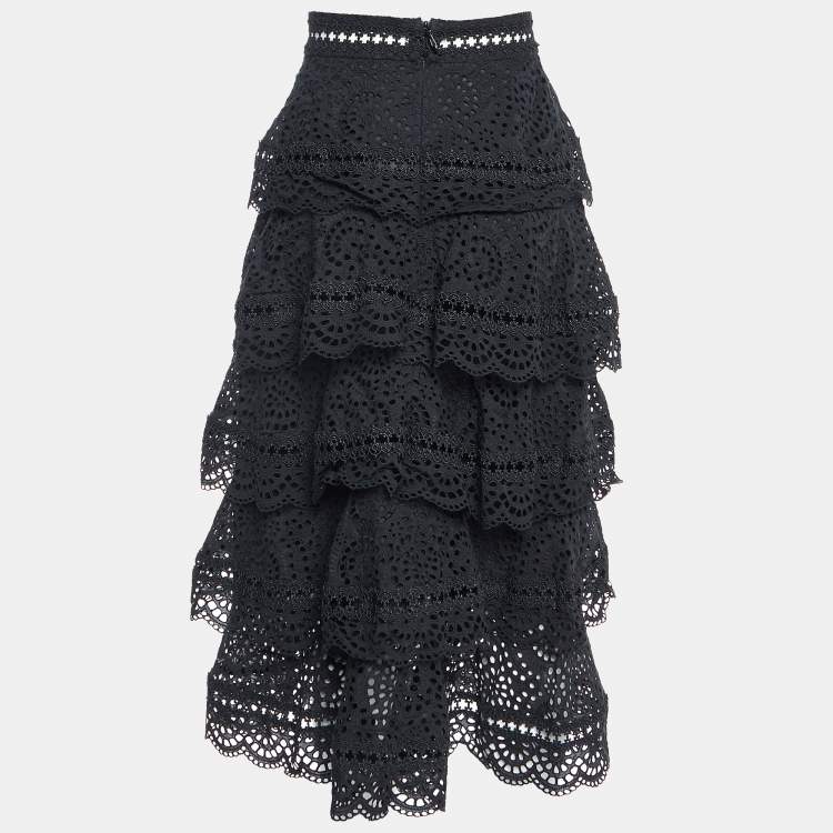 Pre Owned Zimmermann Black Lace Tiered Midi Skirt S