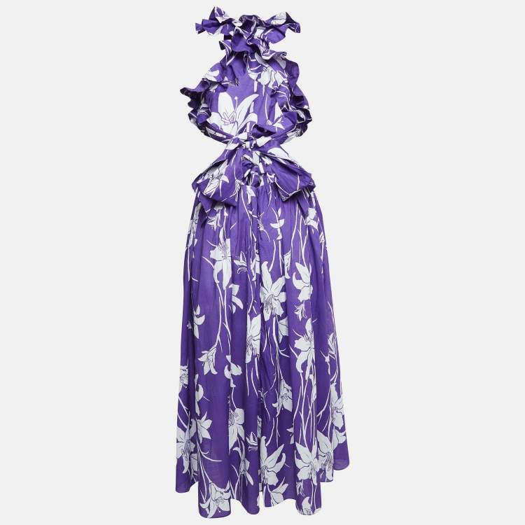 Pre Owned Zimmermann Purple Floral Print Cotton Acadian Ruffle Maxi Dress S