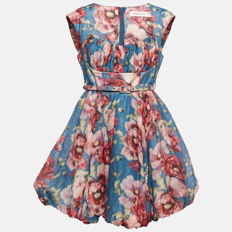 Pre Owned Zimmermann Blue Floral Print Linen Blend High Tide Mini Dress M