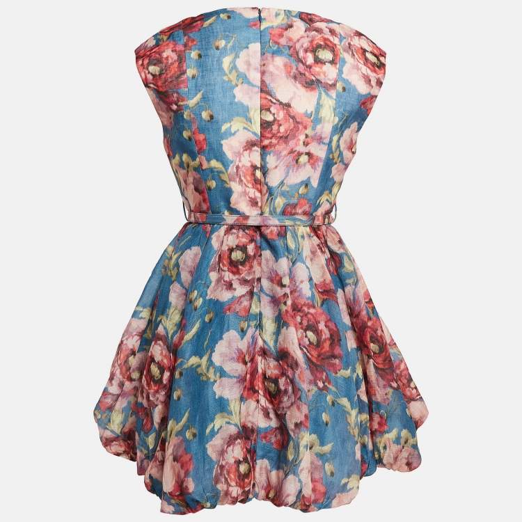 Pre Owned Zimmermann Blue Floral Print Linen Blend High Tide Mini Dress M