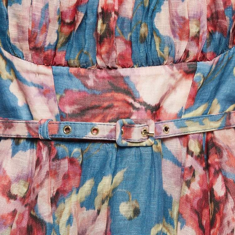 Pre Owned Zimmermann Blue Floral Print Linen Blend High Tide Mini Dress M