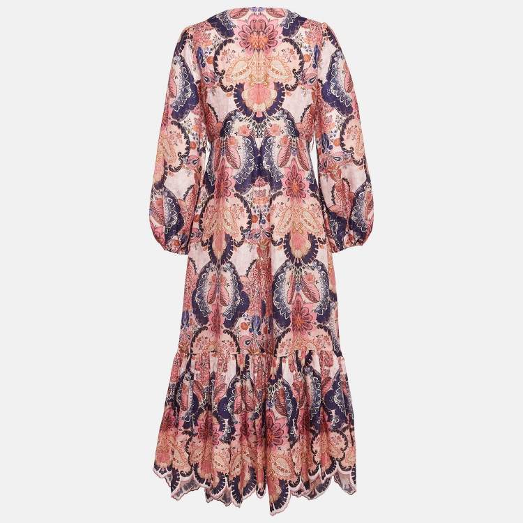 Pre Owned Zimmermann Pink Printed Linen Maxi Dress M