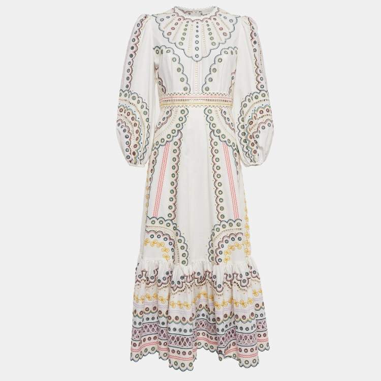 Pre Owned Zimmermann White Peggy Embroidered Cotton Blend Midi Dress M