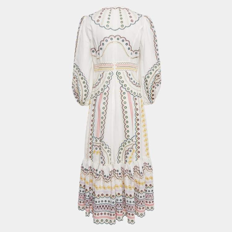 Pre Owned Zimmermann White Peggy Embroidered Cotton Blend Midi Dress M