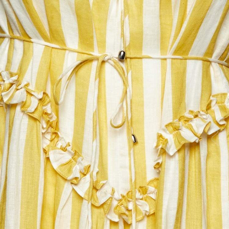 Pre Owned Zimmermann Yellow Stripe Print Linen Flared Midi Dress XS