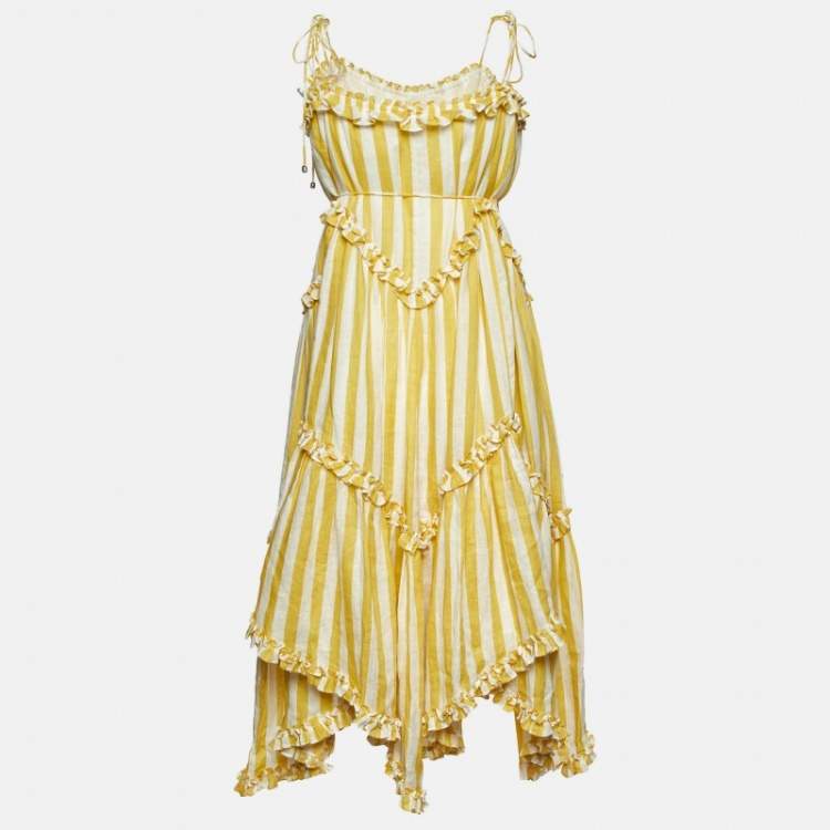 Pre Owned Zimmermann Yellow Stripe Print Linen Flared Midi Dress XS