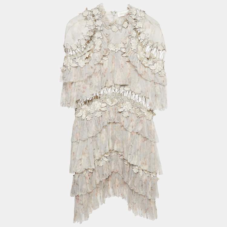 مملوكة مسبقًا Zimmermann Grey Chiffon Cut-Out Applique Tiered Mini Dress M