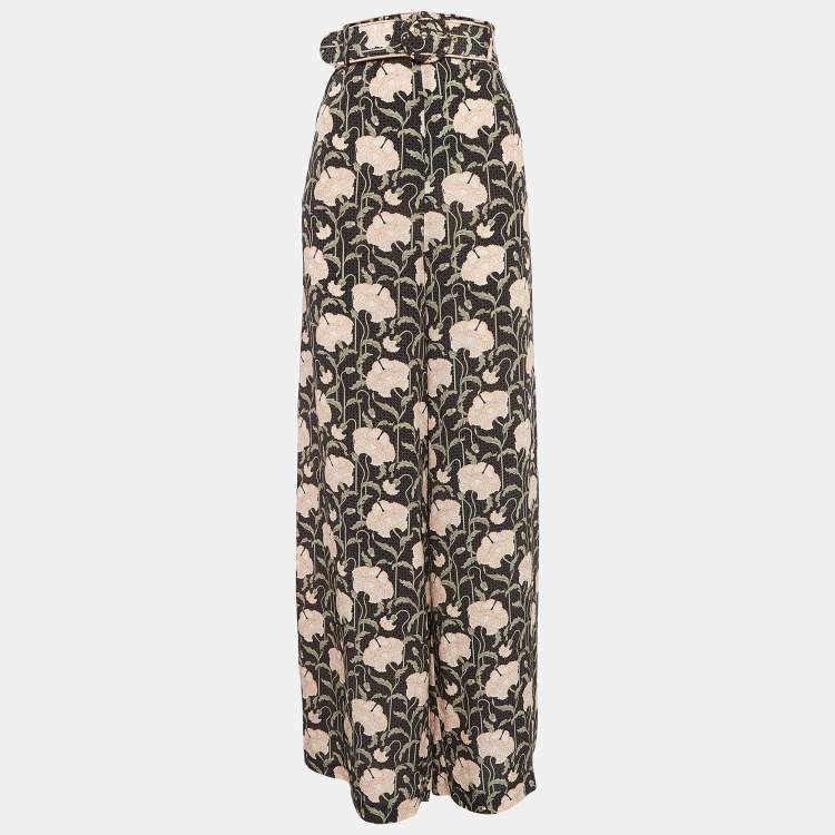Pre Owned Zimmermann Black Floral Print Silk Belted Trousers L