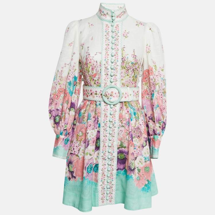 Pre Owned Zimmermann White Floral Print Linen Jude Mini Dress S