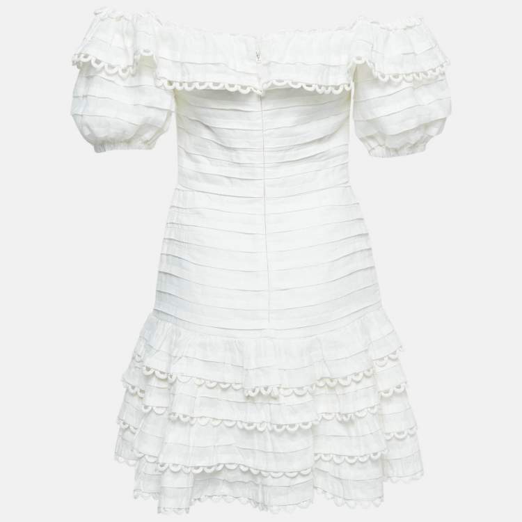 Pre Owned Zimmermann White Linen Ruffled Mini Dress S