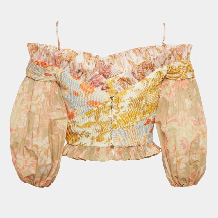 Pre Owned Zimmermann Yellow Postcard Print Plisse Crop Top M