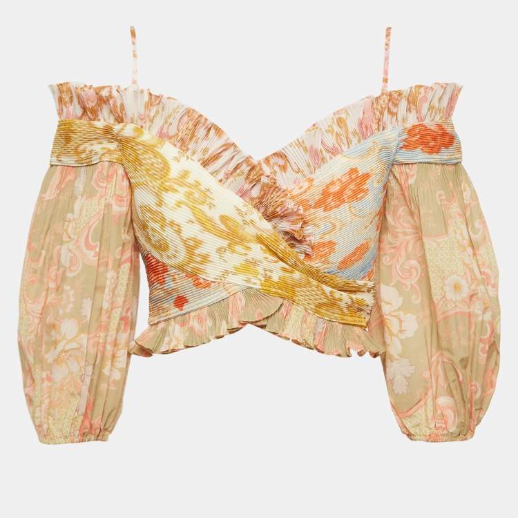 Pre Owned Zimmermann Yellow Postcard Print Plisse Crop Top M