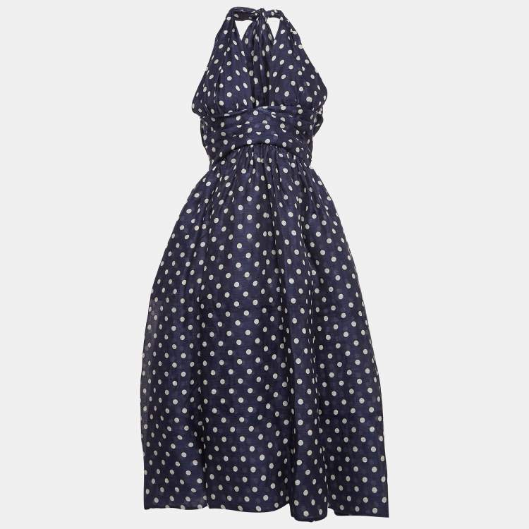 Pre Owned Zimmermann Blue Polka Dots Linen Blend Halter Neck High Tide Midi Dress M