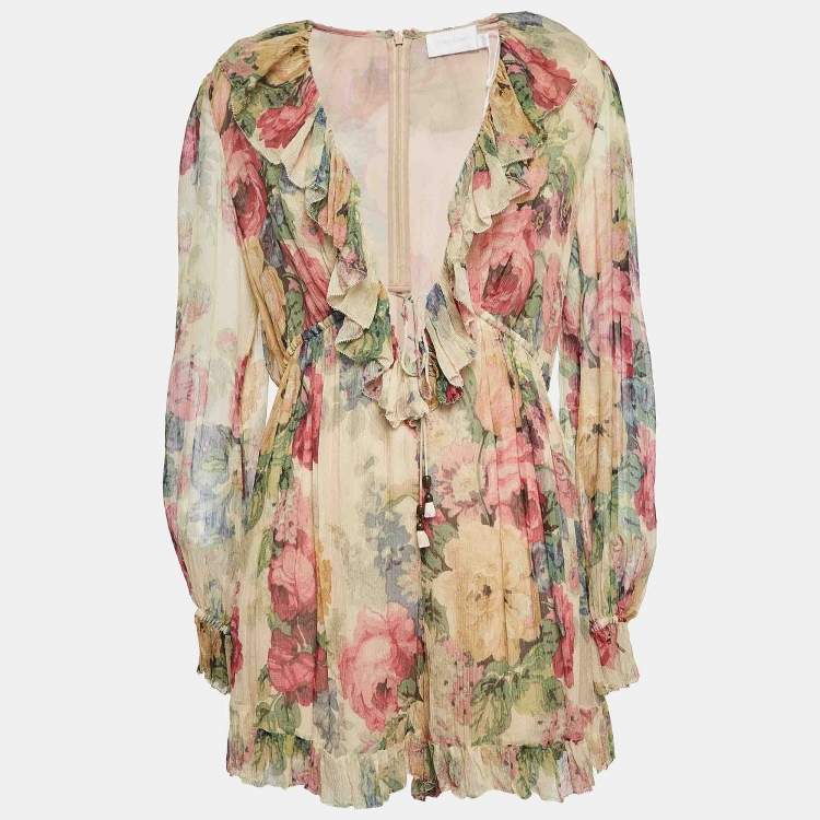 Pre Owned Zimmermann Beige Floral Print Georgette Silk Ruffled Playsuit L