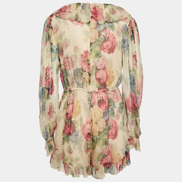 Pre Owned Zimmermann Beige Floral Print Georgette Silk Ruffled Playsuit L