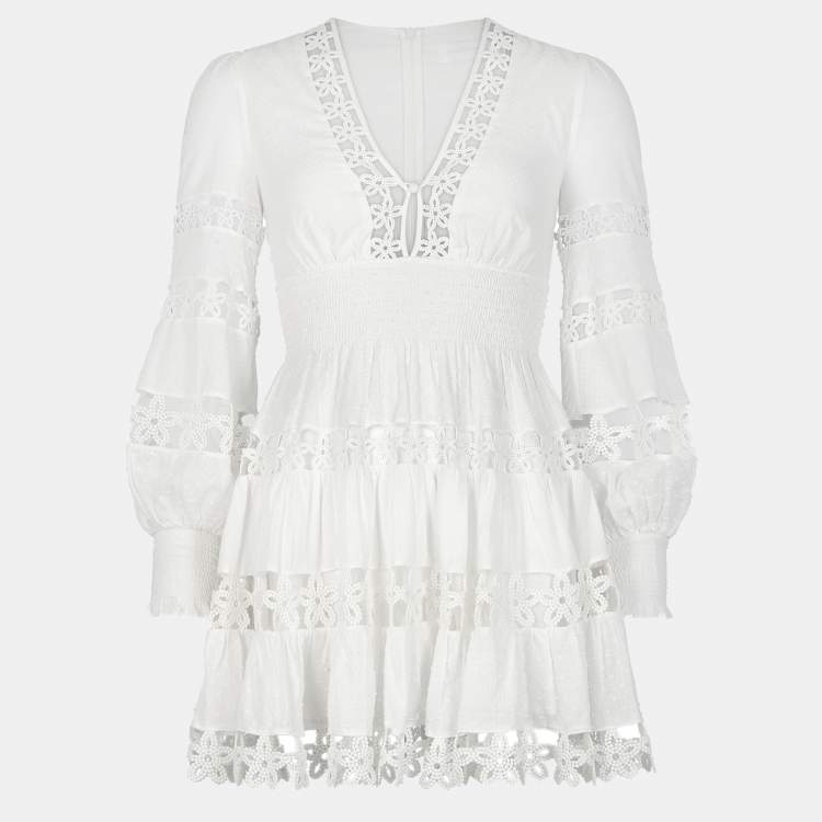 مملوكة مسبقًا Zimmermann Off-White Dotted Pattern Cotton Lace Trim Mini Dress XS
