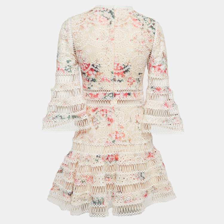 Pre Owned Zimmermann Beige Printed Cotton Lace Trimmed V-Neck Mini Dress S