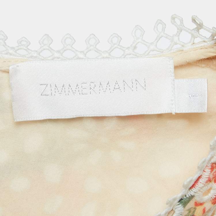Pre Owned Zimmermann Beige Printed Cotton Lace Trimmed V-Neck Mini Dress S