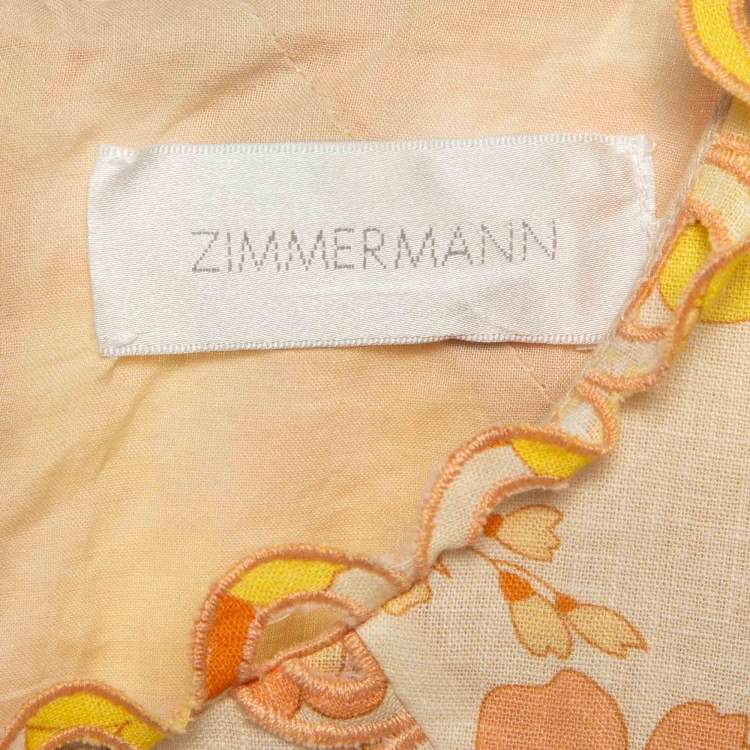 Pre Owned Zimmermann Light Beige Printed Linen & Cotton Scallop Detail Mini Dress S