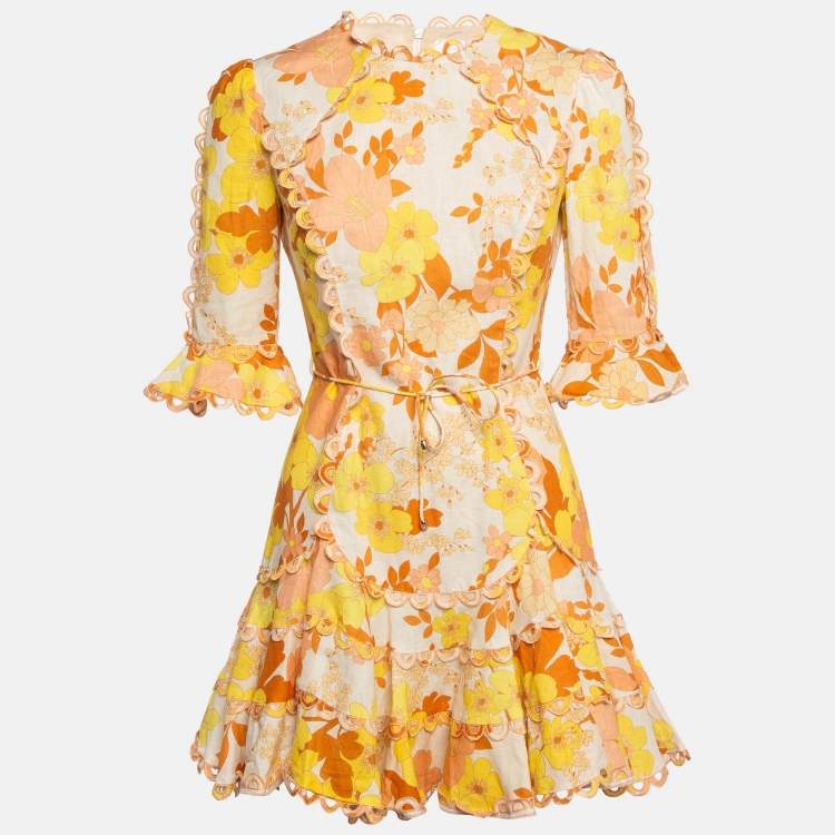 Pre Owned Zimmermann Light Beige Printed Linen & Cotton Scallop Detail Mini Dress S