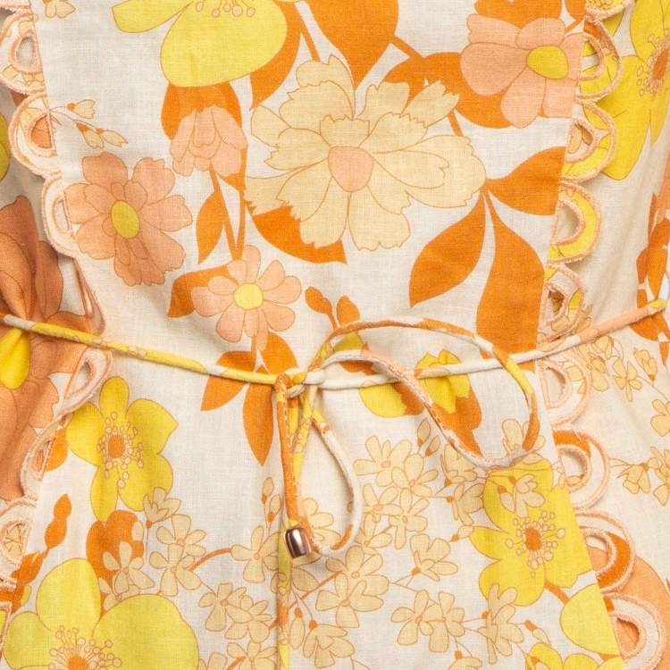 Pre Owned Zimmermann Light Beige Printed Linen & Cotton Scallop Detail Mini Dress S