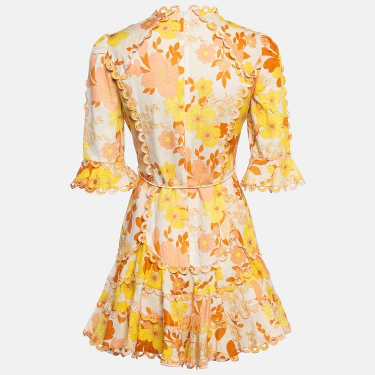 Pre Owned Zimmermann Light Beige Printed Linen & Cotton Scallop Detail Mini Dress S