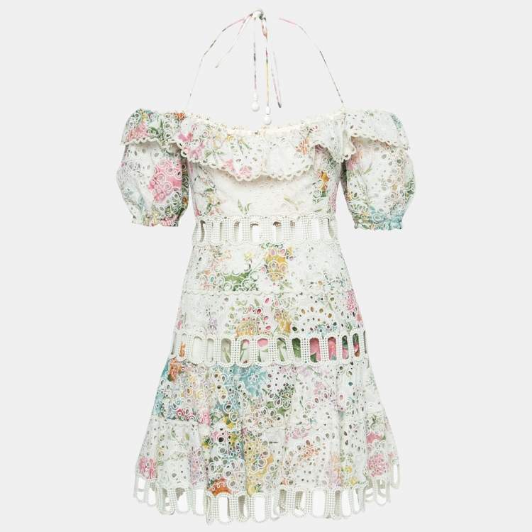 Pre Owned Zimmermann Off-White Floral Print Eyelet Embroidered Off-Shoulder Mini Dress S
