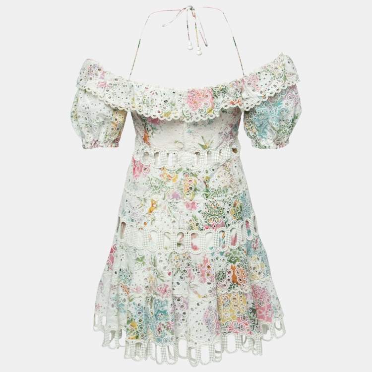 Pre Owned Zimmermann Off-White Floral Print Eyelet Embroidered Off-Shoulder Mini Dress S