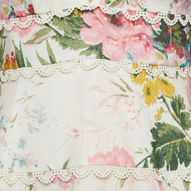 Pre Owned Zimmermann White Multicolor Floral Print Linen V-Neck Mini Dress S