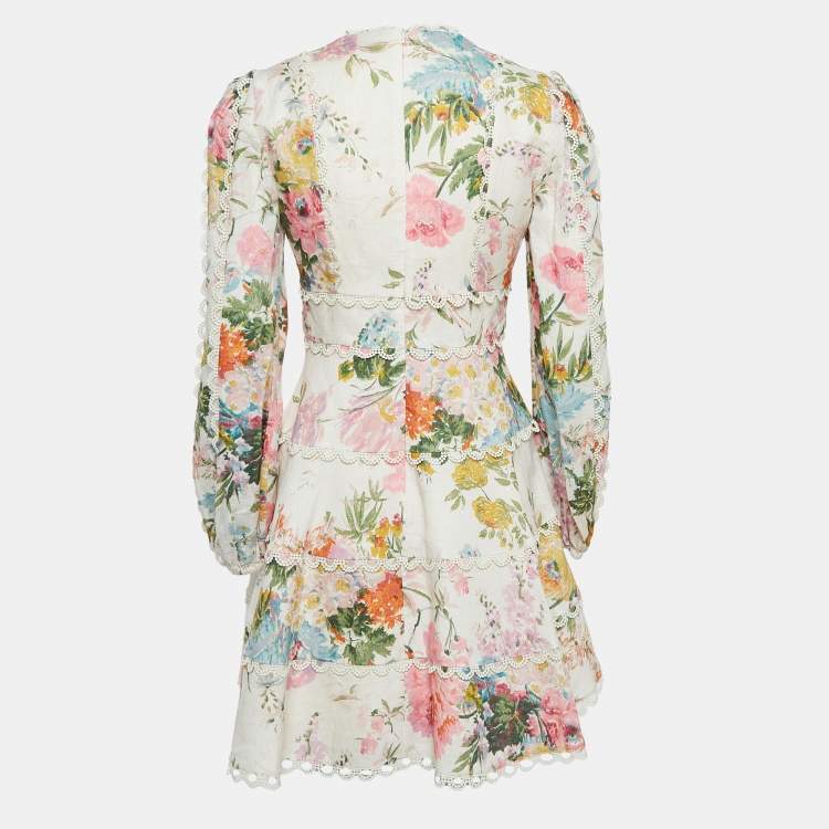Pre Owned Zimmermann White Multicolor Floral Print Linen V-Neck Mini Dress S