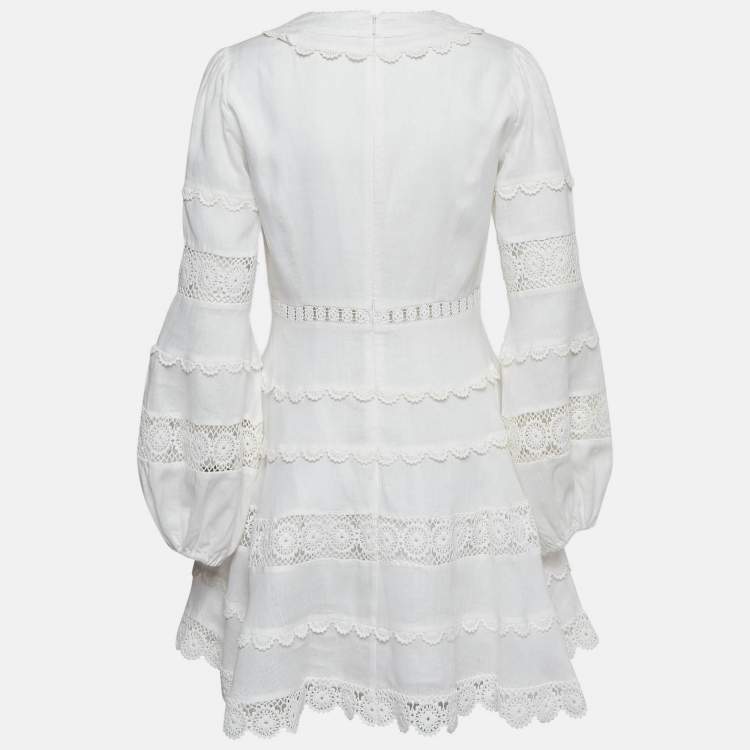 Pre Owned Zimmermann White Lace Trim Linen Castile Plunge Dress M