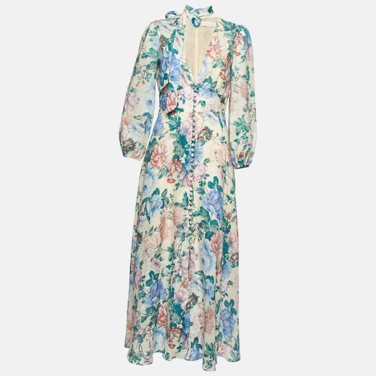 Pre Owned Zimmermann Multicolor Floral Print Linen Plunge Neck Maxi Dress M