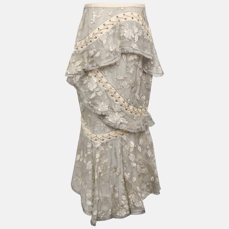 مملوكة مسبقًا Zimmermann Grey Floral Embroidered Silk Maxi Skirt M