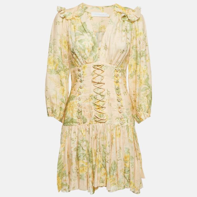 Pre Owned Zimmermann Light Orange Floral Print Linen Corset Mini Dress S