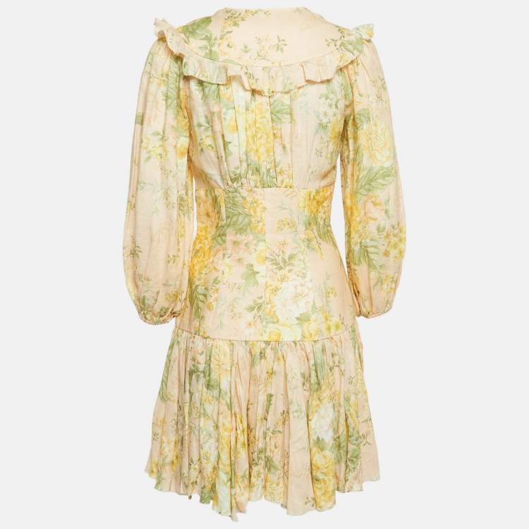 Pre Owned Zimmermann Light Orange Floral Print Linen Corset Mini Dress S
