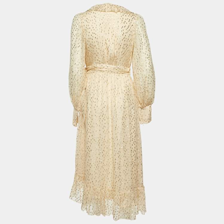 Pre Owned Zimmermann Cream Lurex Fil Coupé Silk Midi Wrap Dress M