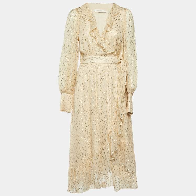 Pre Owned Zimmermann Cream Lurex Fil Coupé Silk Midi Wrap Dress M