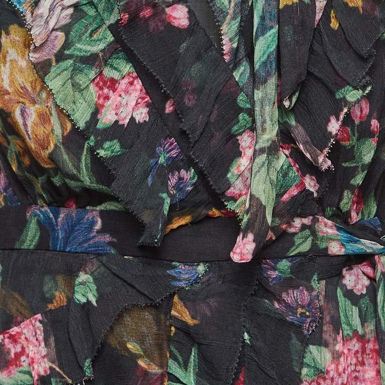 Pre Owned Zimmermann Black Floral Print Silk Ruffled Wrap Dress S