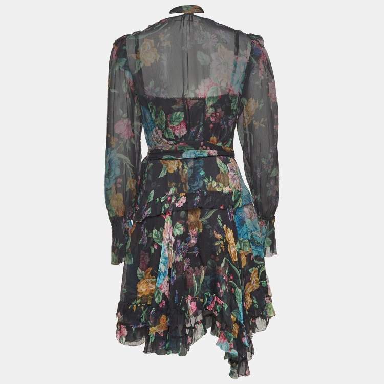 Pre Owned Zimmermann Black Floral Print Silk Ruffled Wrap Dress S