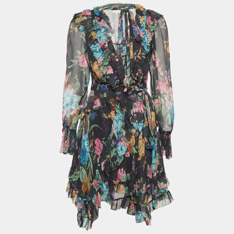 Pre Owned Zimmermann Black Floral Print Silk Ruffled Wrap Dress S