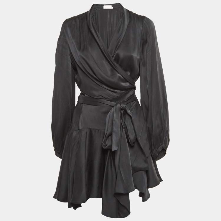 Pre Owned Zimmermann Black Satin Silk Flared Mini Wrap Dress M