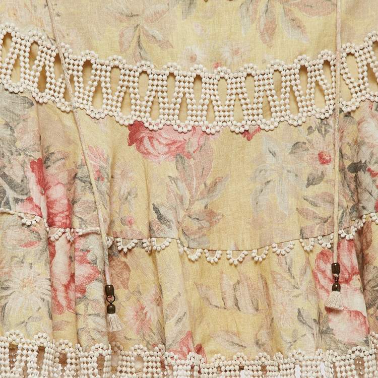 Pre Owned Zimmermann Yellow Floral Print Lace Trim Off-Shoulder Mini Dress M