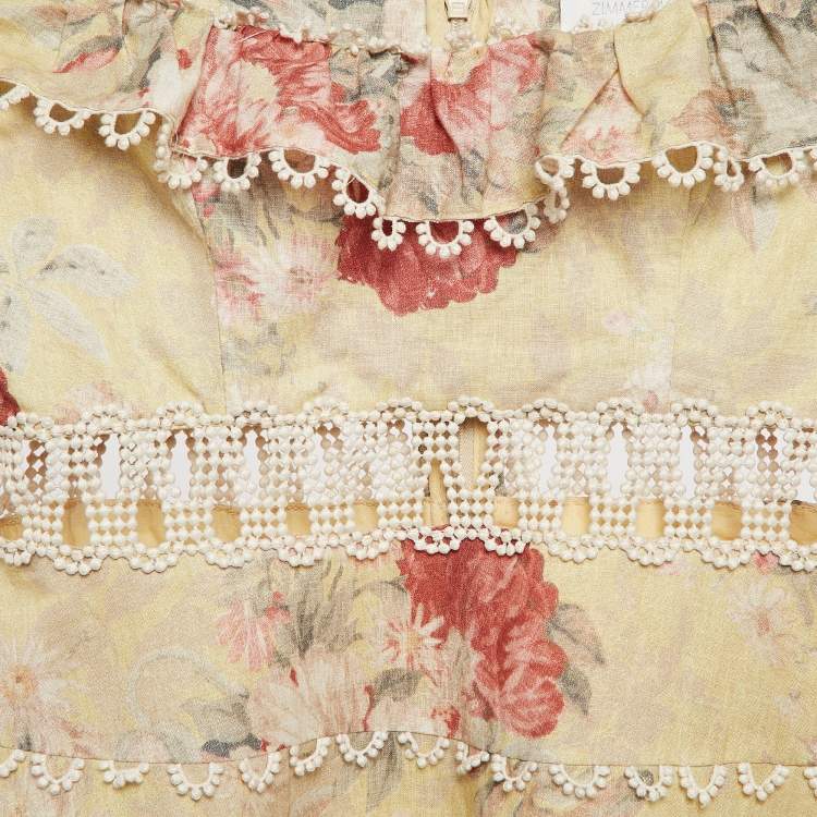 Pre Owned Zimmermann Yellow Floral Print Lace Trim Off-Shoulder Mini Dress M