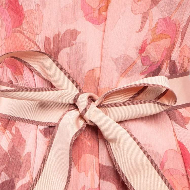 مملوكة مسبقًا Zimmermann Pink Floral Print Silk Chiffon Ruffled Midi Dress XS